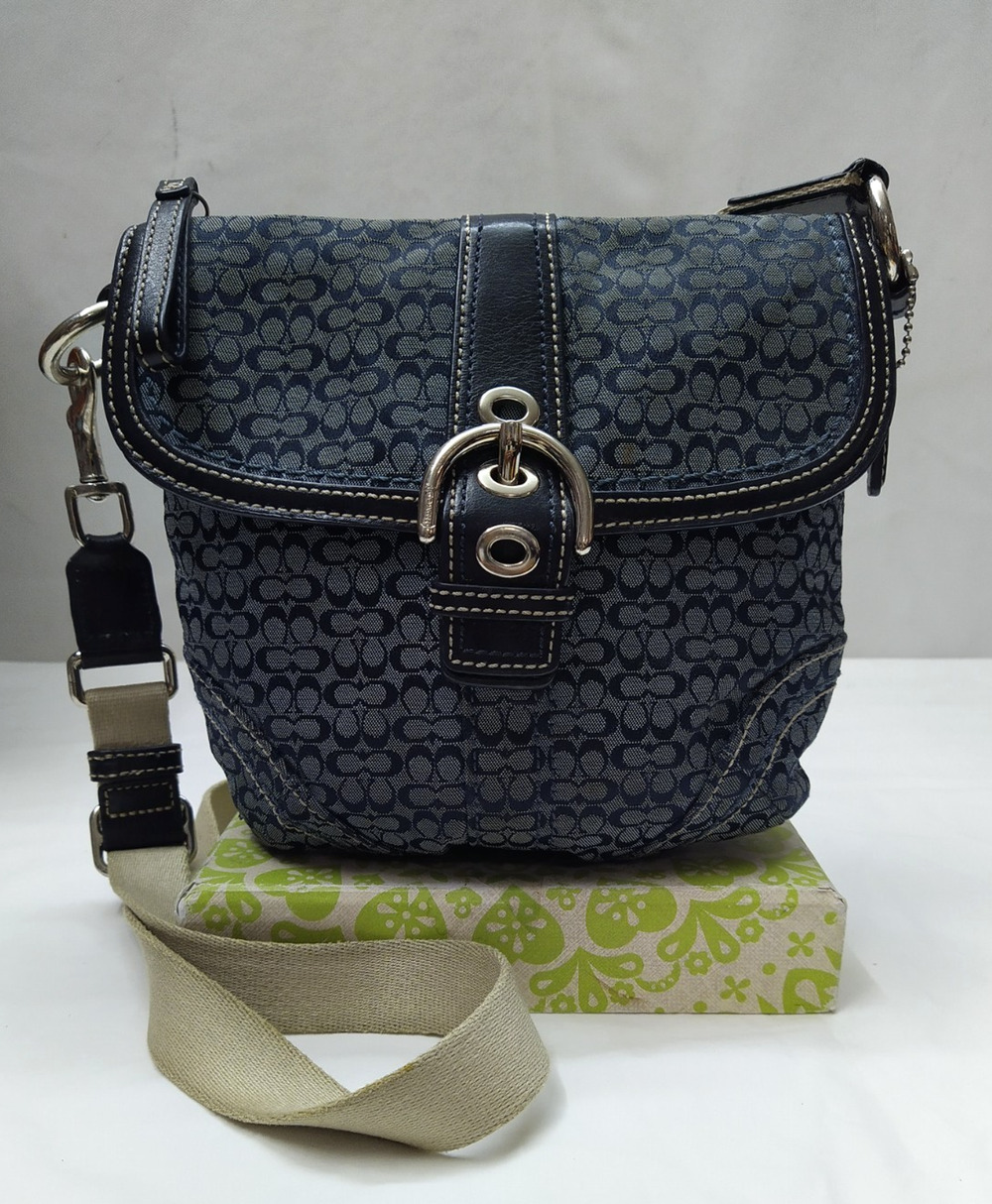 Coach Signature Blue Canvas Buckle Flap Closure Small Corssbody Bag
